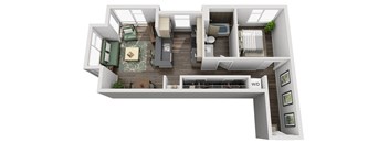 A top down view of a house layout with a living room, dining room, kitchen, and bathrooms.