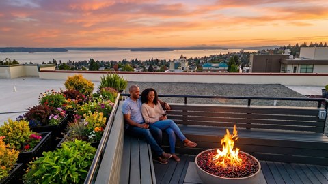A couple sits on a rooftop terrace by a fire pit.