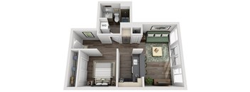 A 3D floor plan of a house with a living room, kitchen, and bathroom.