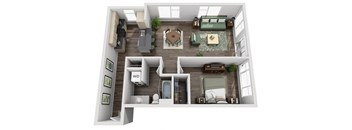 A 3D floor plan of a house with a living room, kitchen, and bathroom.