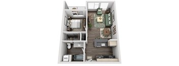 A top-down view of a small apartment with a kitchen, living room, and bedroom.
