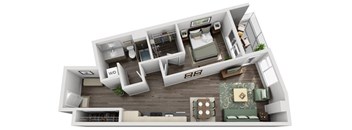 A 3D floor plan of a house with a living room, kitchen, and two bedrooms.