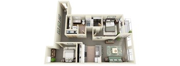 A 3D floor plan of a house with a living room, kitchen, and two bedrooms.