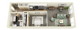 A top-down view of a small apartment with a kitchen, living room, and bedroom.