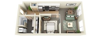 A 3D floor plan of a house with a kitchen, living room, and bathroom.