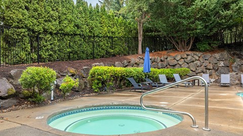 A small pool surrounded by a stone wall and trees.