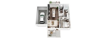 a floor plan of a two bedroom apartment with a car in the garage