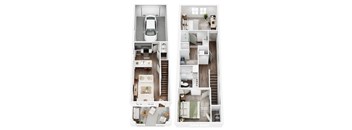 two floor plans of a house with two bedrooms and a car