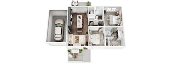 a floor plan of a two bedroom apartment with a car in the garage