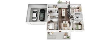a floor plan of a 3 bedroom apartment with a garage and a car
