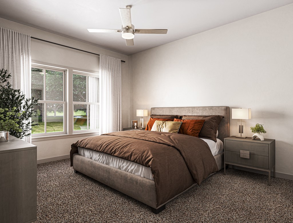 a bedroom with a bed and a ceiling fan at Allier Gulf Shores, Gulf Shores, 36542