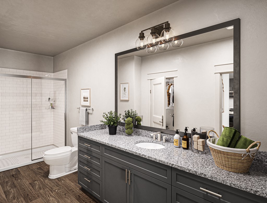 a bathroom with a large mirror and a sink at Allier Port Wentworth Apartments, Georgia, 31407