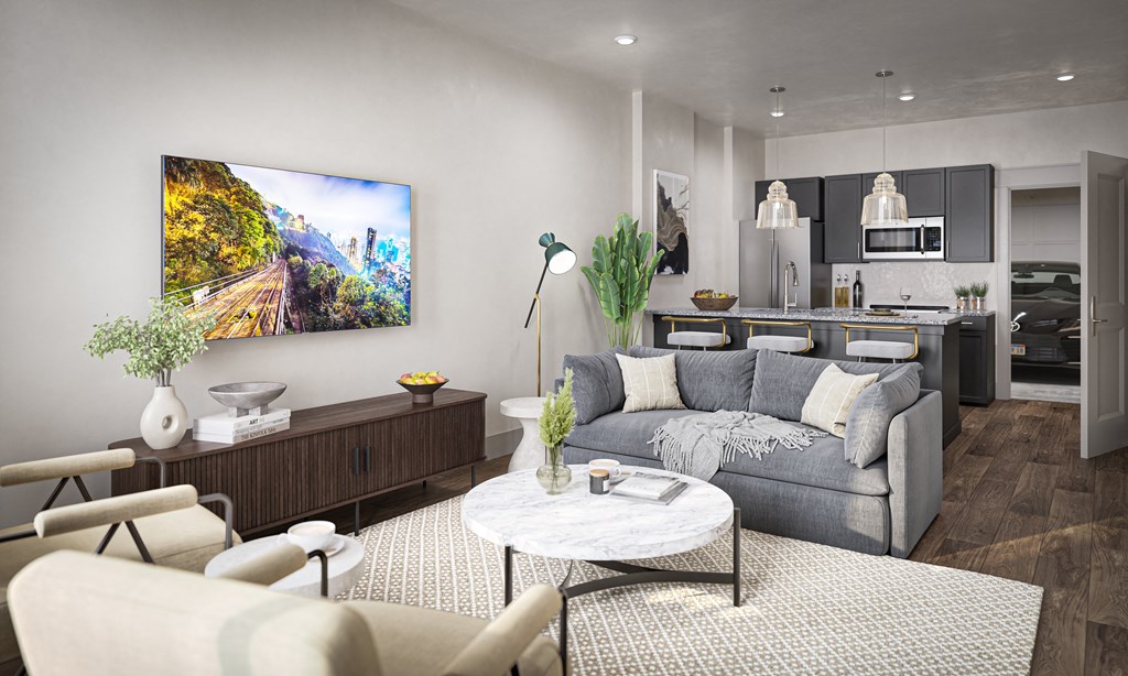 Living Room With Kitchen View at Allier Gulf Shores, Gulf Shores