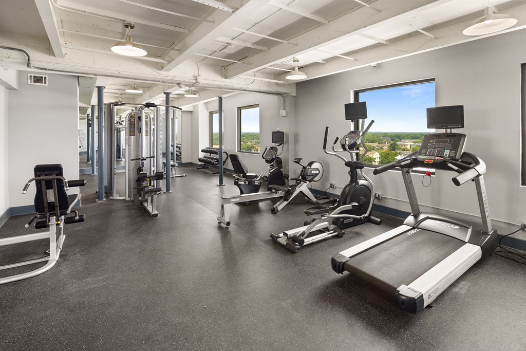 a large fitness room with treadmills and other exercise equipment