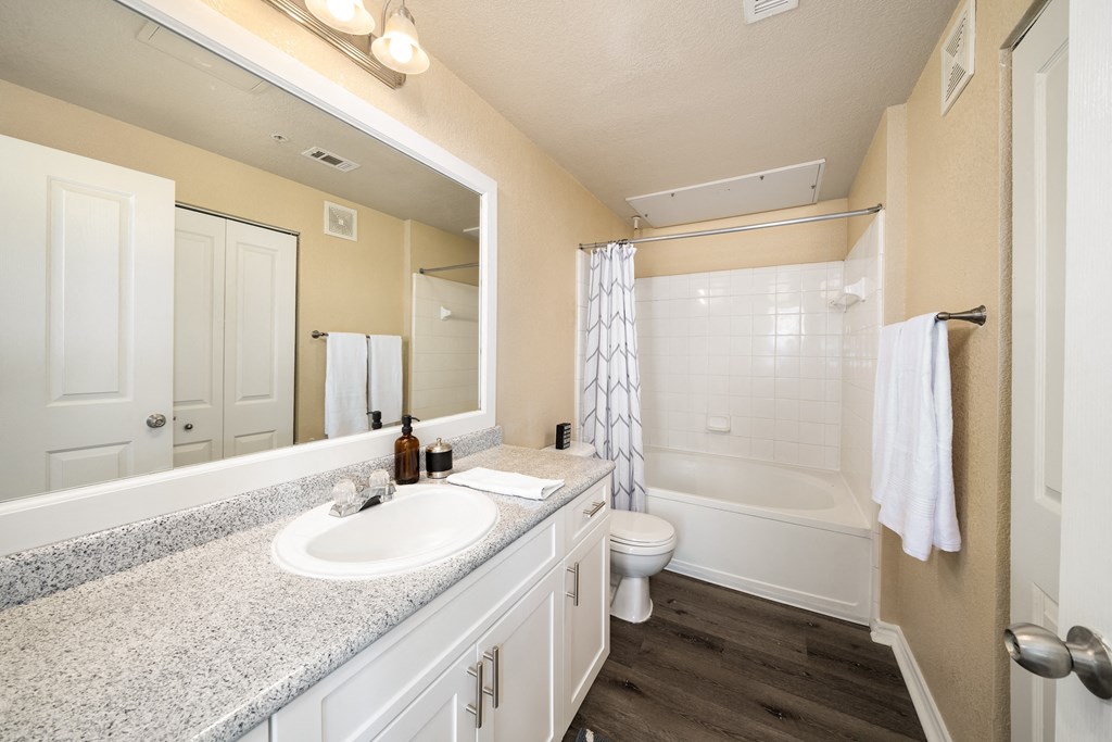 a bathroom with a sink and a shower and a toilet