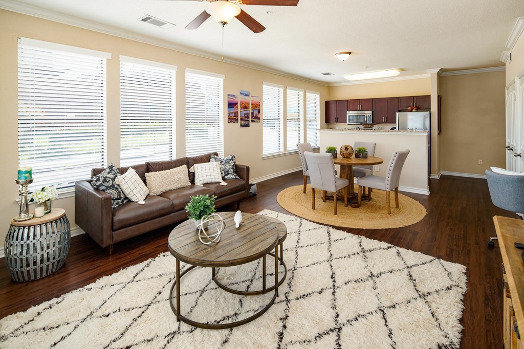 a living room with a couch and a table
