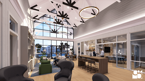 A modern office space with a bar area and people working at desks.