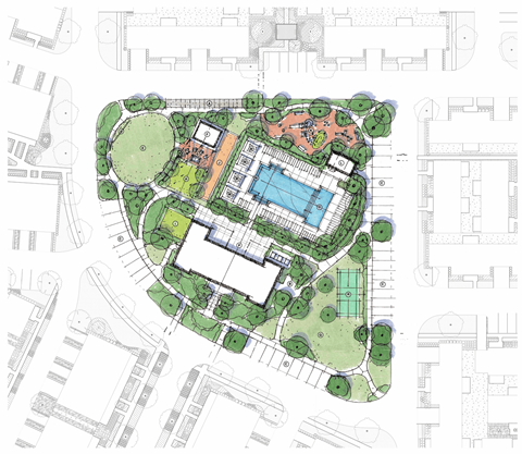 A landscape architectural plan with a swimming pool and a building.