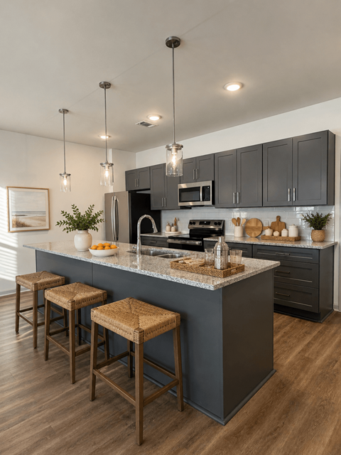 A kitchen with a bar stool and a countertop.