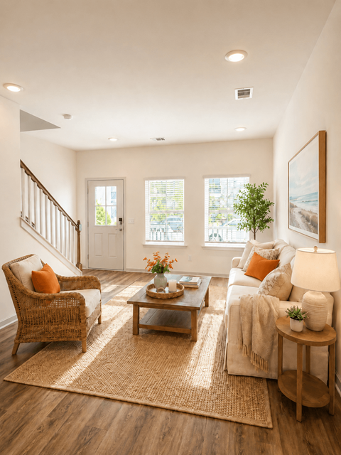 A living room with a wicker chair, a sofa, a coffee table, and a rug.