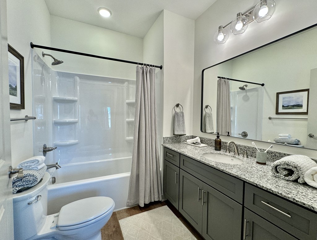 A bathroom with a white toilet, a bathtub with a shower curtain, a sink with a mirror, and a rug on the floor at Allier Foley, Alabama 36535