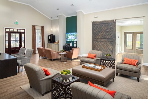 a living room with couches and chairs and a television