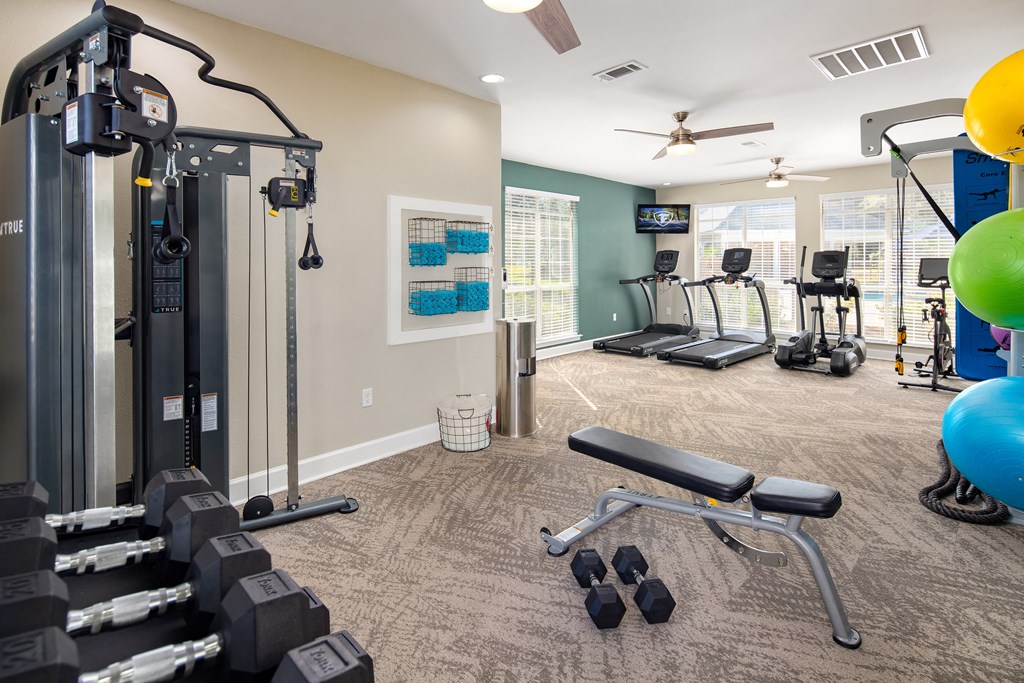 a gym with weights and cardio equipment at the enclave at woodbury