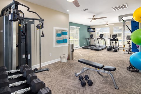 a gym with weights and cardio equipment at the enclave at woodbury