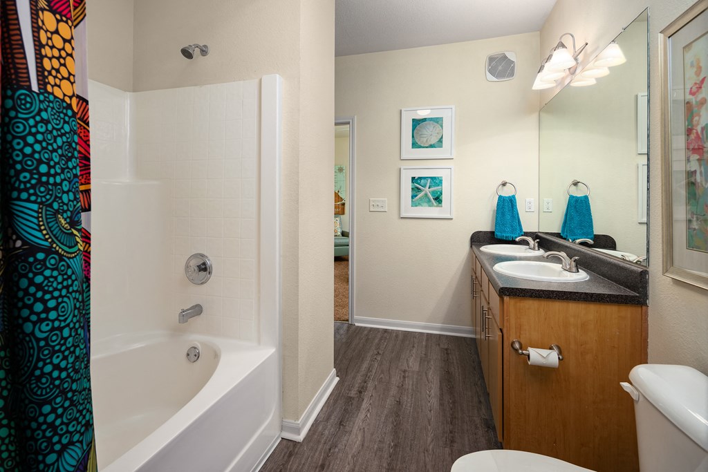 a bathroom with a tub and a sink and a mirror