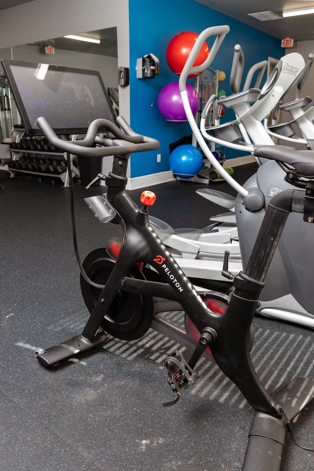 a group of exercise bikes in a gym