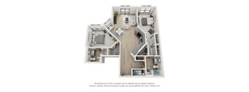 A 3D floor plan of a house with dimensions and furniture layout.