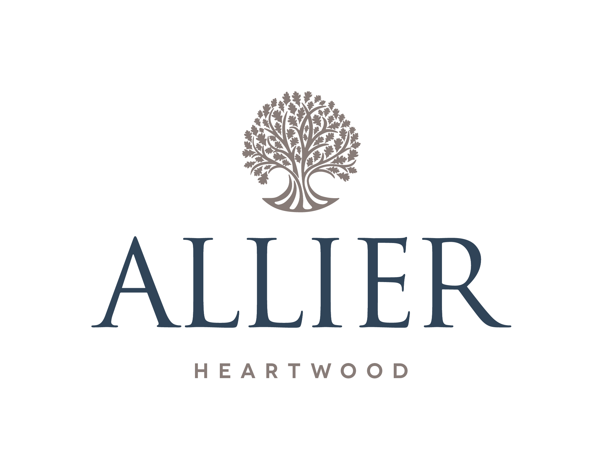 A logo with a tree and the words for Allier Heartwood