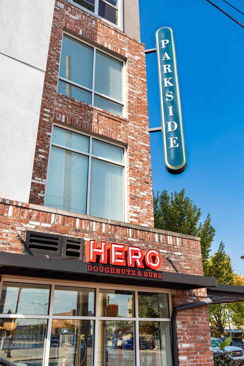 a building with a hero sign on the side of it