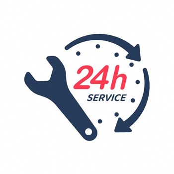 a 24 hour service icon with a spanner and arrows around it