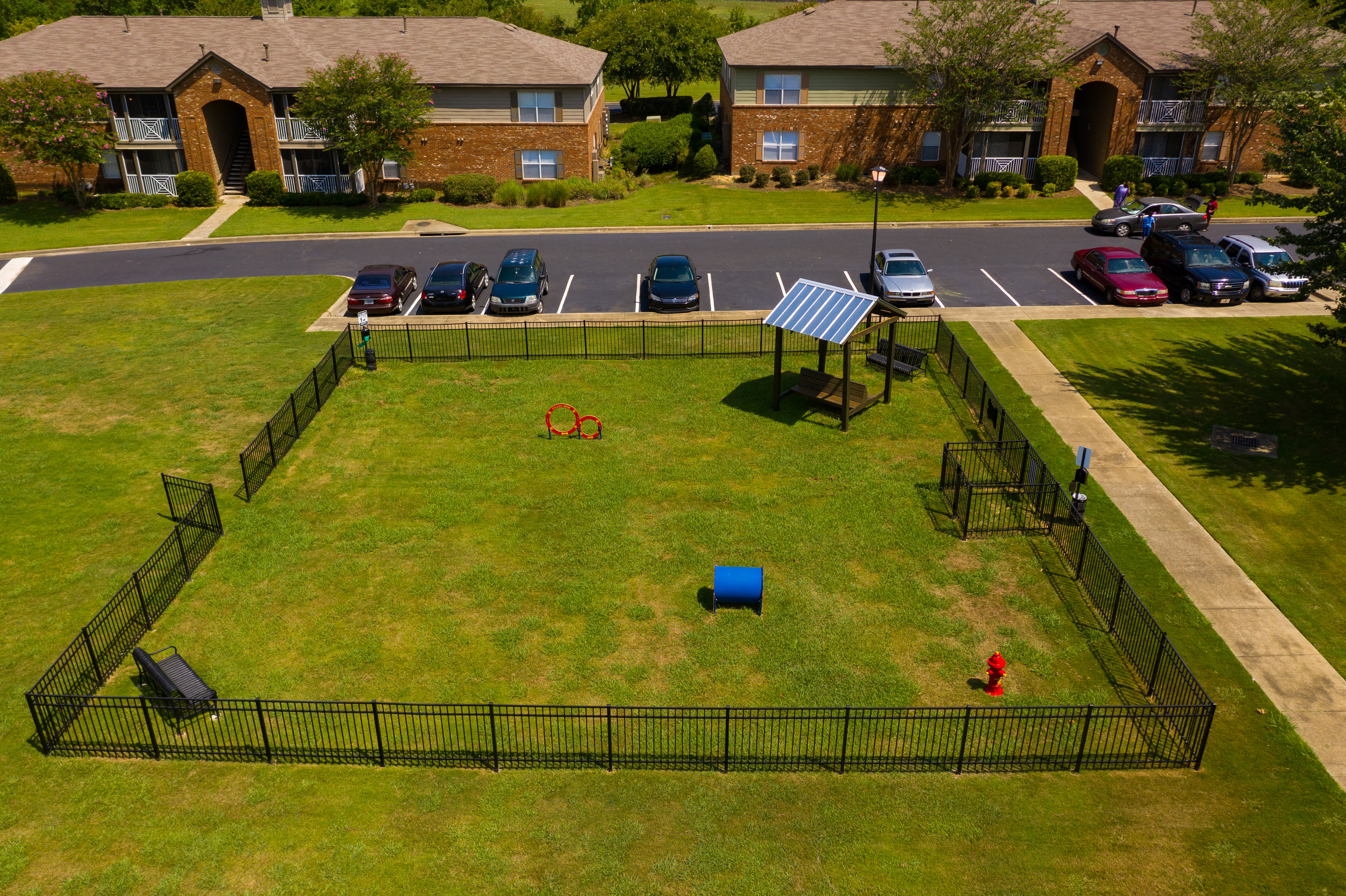 a dog park in a yard in front of a house
