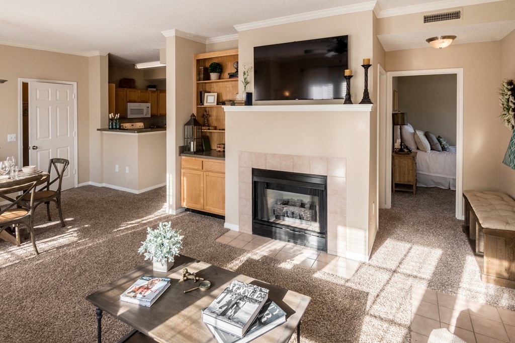 a living room with a fireplace and a television