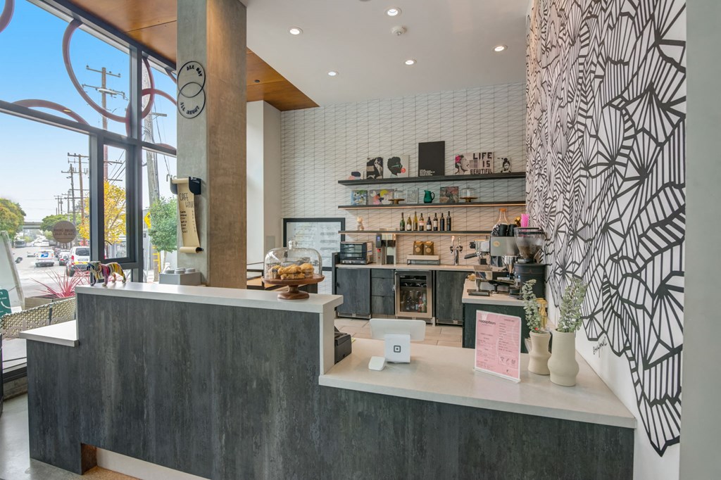 the lobby or reception area of hotel indigo station