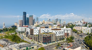 Exterior drone image showing Mason & Main's proximity to Downtown Seattle