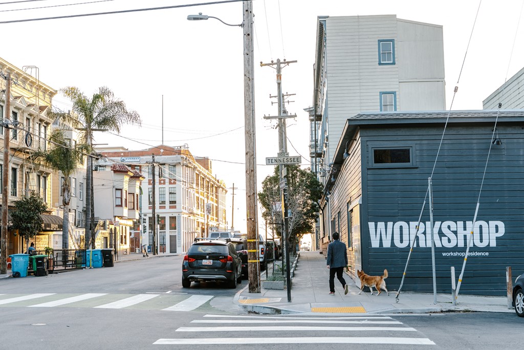 a man crossing the street with his dog on a cross walk