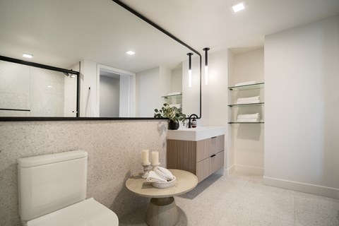 Spacious bathrooms with wall to wall mirrors