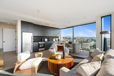 F layout with floor to ceiling windows