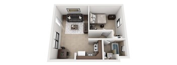 A top-down view of a small apartment with a kitchen, living room, and bathroom.