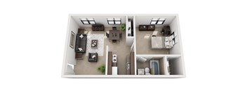 A top-down view of a modern apartment with a living room, kitchen, and bedroom.