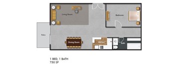 A floor plan of a one bedroom, one bath apartment.