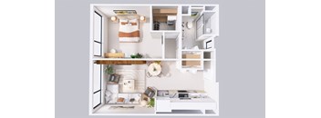 A modern, white-themed apartment with a kitchen, living room, and bedroom.