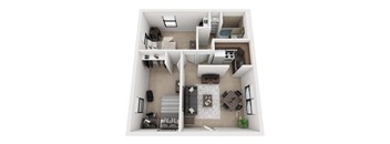 A top-down view of a modern apartment layout.