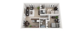 A top-down view of a well-organized apartment with a kitchen, living room, and bathroom.