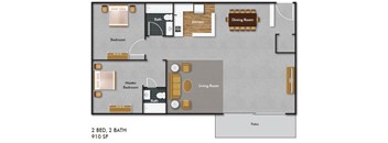 A floor plan of a 2 bedroom, 2 bath house with a living room and kitchen.