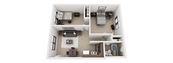 A top-down view of a small apartment with a bedroom, living room, and kitchen.