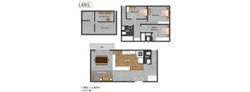 A floor plan of a 3 bedroom, 1.5 bathroom apartment with a total of 1,267 square feet.